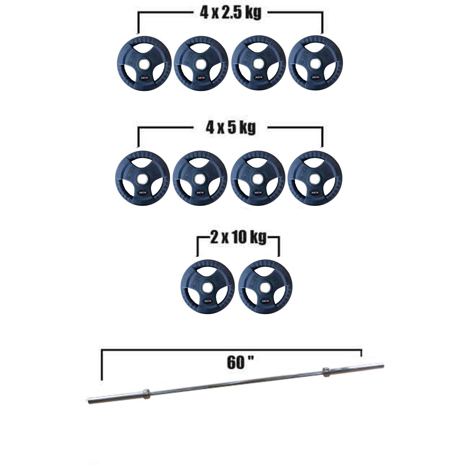 Axox Fitness Olympic Rubber Grip Disc with Barbell Set Black