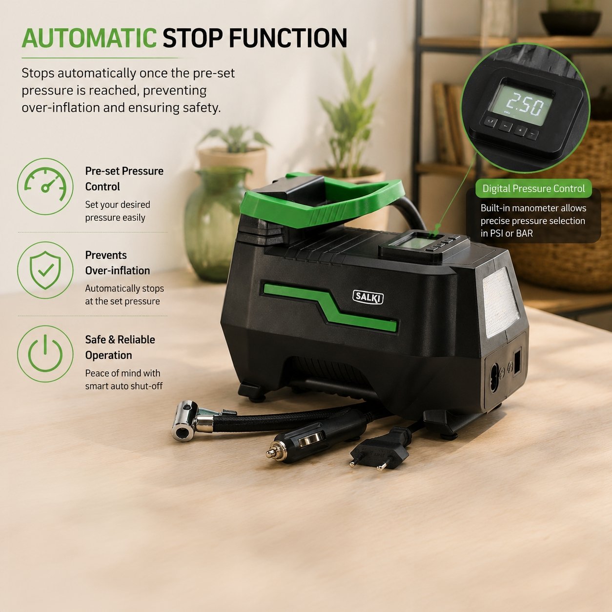 Salki Garage Dual Air Inflator 220V & 12V Portable Air Compressor SALKI-GI-DL view 2