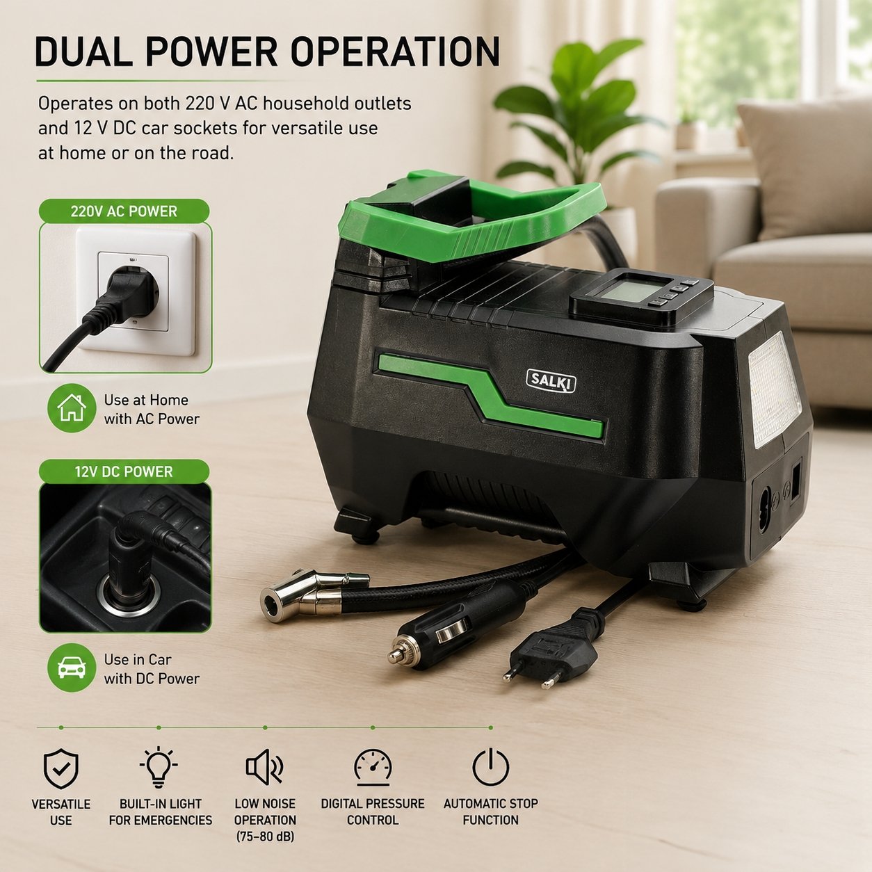 Salki Garage Dual Air Inflator 220V & 12V Portable Air Compressor SALKI-GI-DL view 3