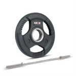 Axox Fitness 3-Grip Rubber Weight Plate with PVC Label & Olympic Barbell Bundle view 2
