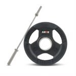 Axox Fitness 3-Grip Rubber Weight Plate with PVC Label & Olympic Barbell Bundle
