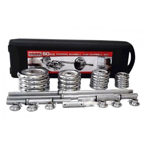 York Chrome Set 50 kg YKCD50 – Adjustable Chrome Barbell & Dumbbell Weight Set With Carry Case